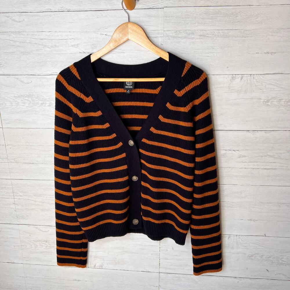Bobeau Sweater Womens Size Medium Navy & Brown Striped Button Down Academia - Picture 3 of 16